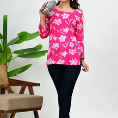 Women's Pink Floral Print Cotton Square Neck Top