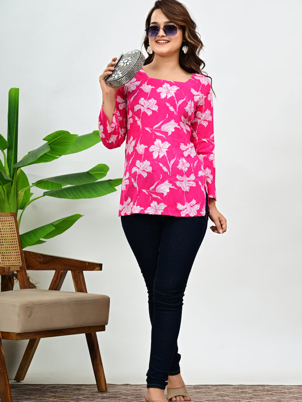 Women's Pink Floral Print Cotton Square Neck Top