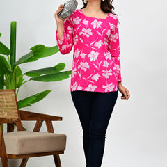 Women's Pink Floral Print Cotton Square Neck Top