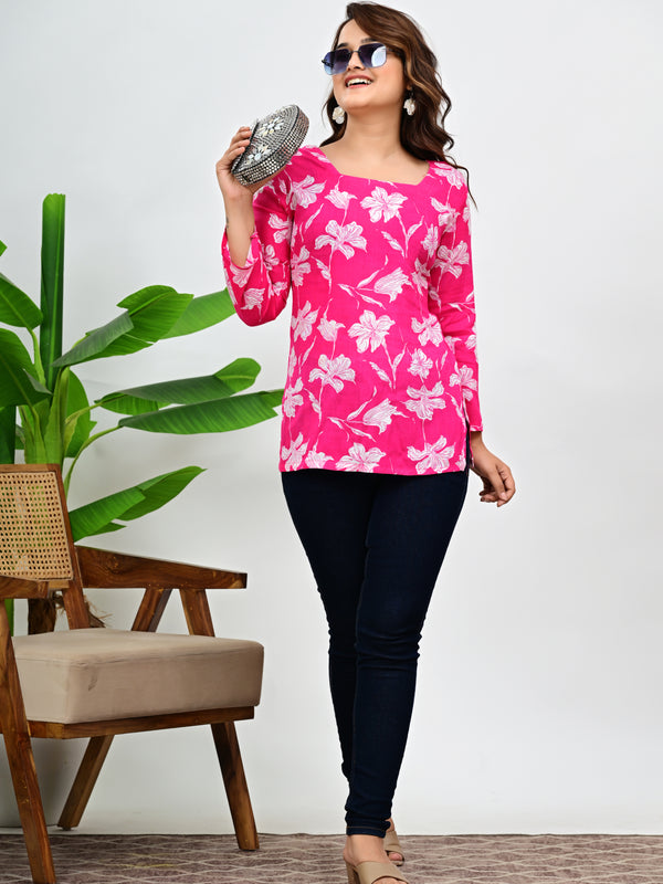 Women's Pink Floral Print Cotton Square Neck Top