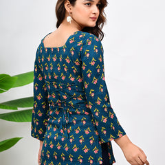 Women's Teal Floral Print Cotton Square Neck Top