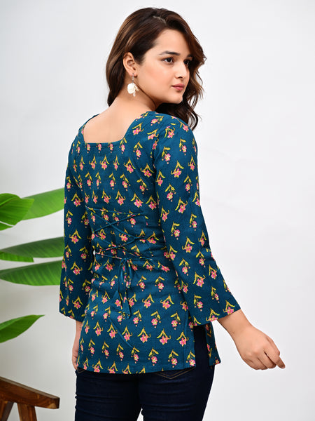 Women's Teal Floral Print Cotton Square Neck Top