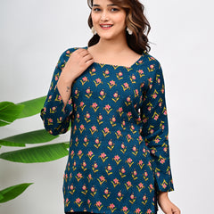 Women's Teal Floral Print Cotton Square Neck Top