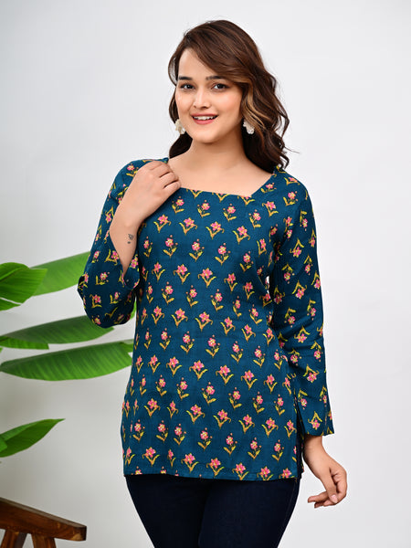 Women's Teal Floral Print Cotton Square Neck Top