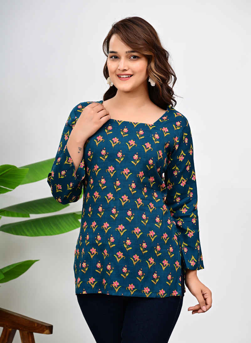 Women's Teal Floral Print Cotton Square Neck Top
