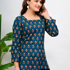 Women's Teal Floral Print Cotton Square Neck Top