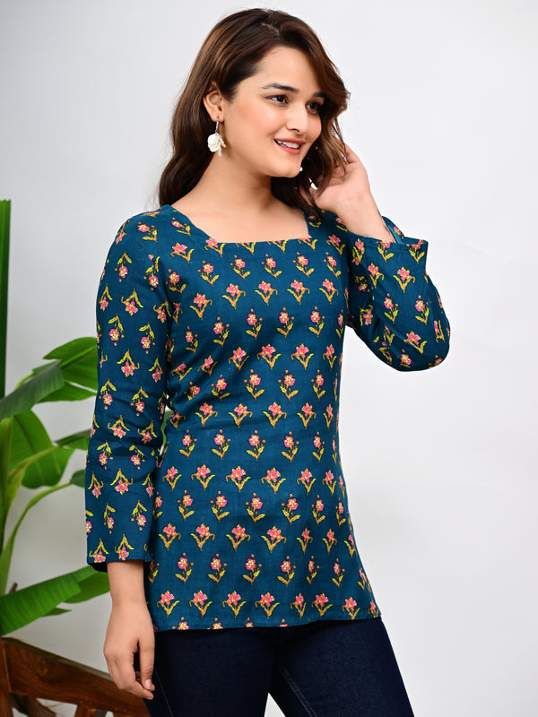 Women's Teal Floral Print Cotton Square Neck Top