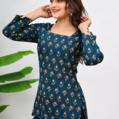 Women's Teal Floral Print Cotton Square Neck Top