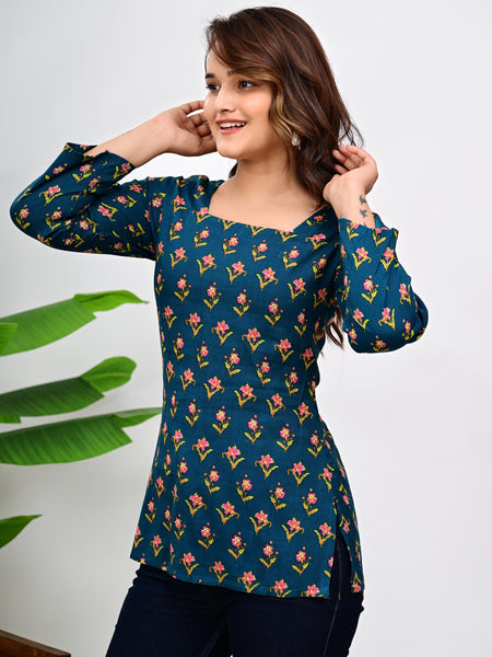 Women's Teal Floral Print Cotton Square Neck Top