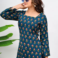 Women's Teal Floral Print Cotton Square Neck Top