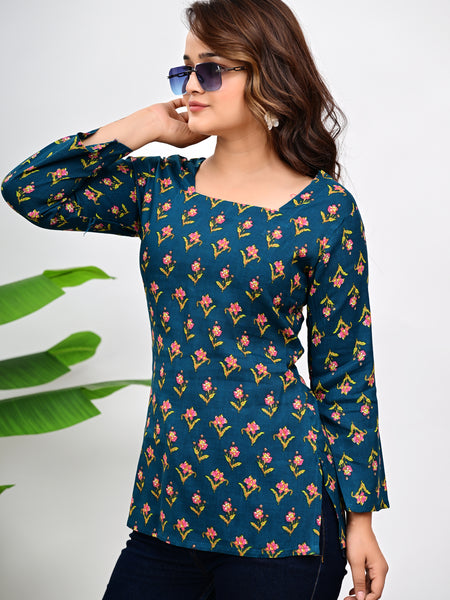 Women's Teal Floral Print Cotton Square Neck Top