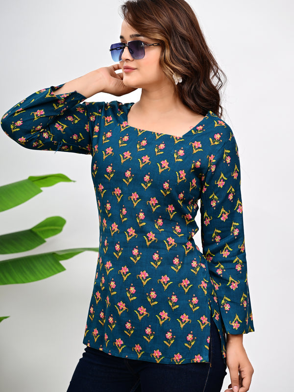 Women's Teal Floral Print Cotton Square Neck Top