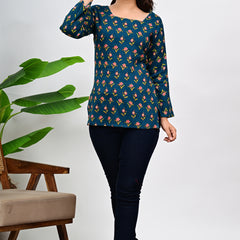 Women's Teal Floral Print Cotton Square Neck Top