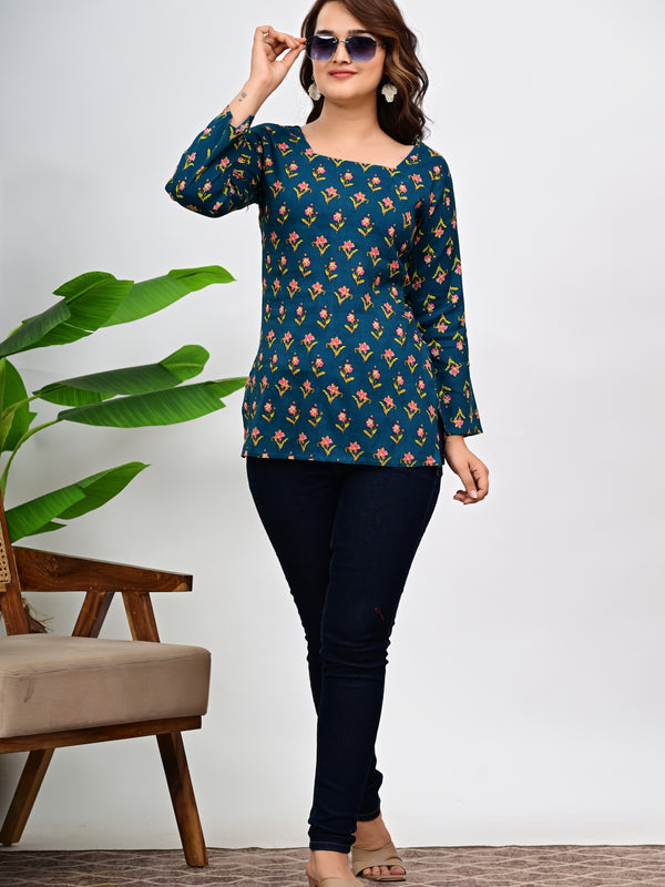 Women's Teal Floral Print Cotton Square Neck Top