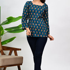 Women's Teal Floral Print Cotton Square Neck Top