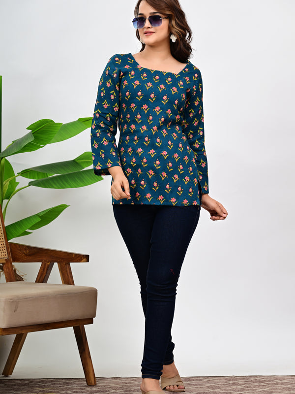 Women's Teal Floral Print Cotton Square Neck Top