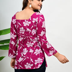 Women's Magenta Floral Print Cotton Square Neck Top
