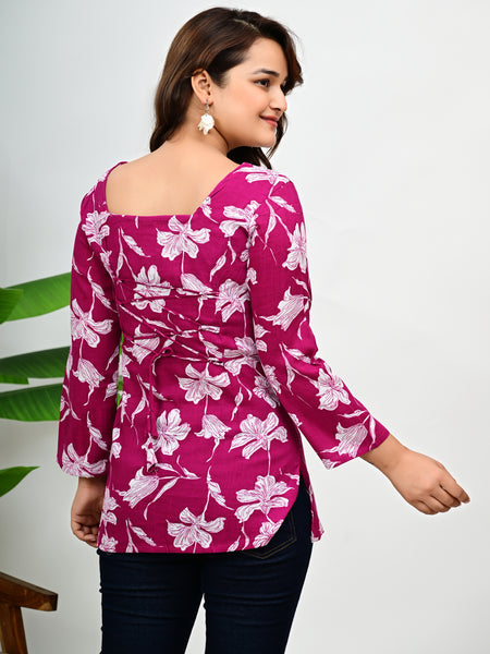 Women's Magenta Floral Print Cotton Square Neck Top