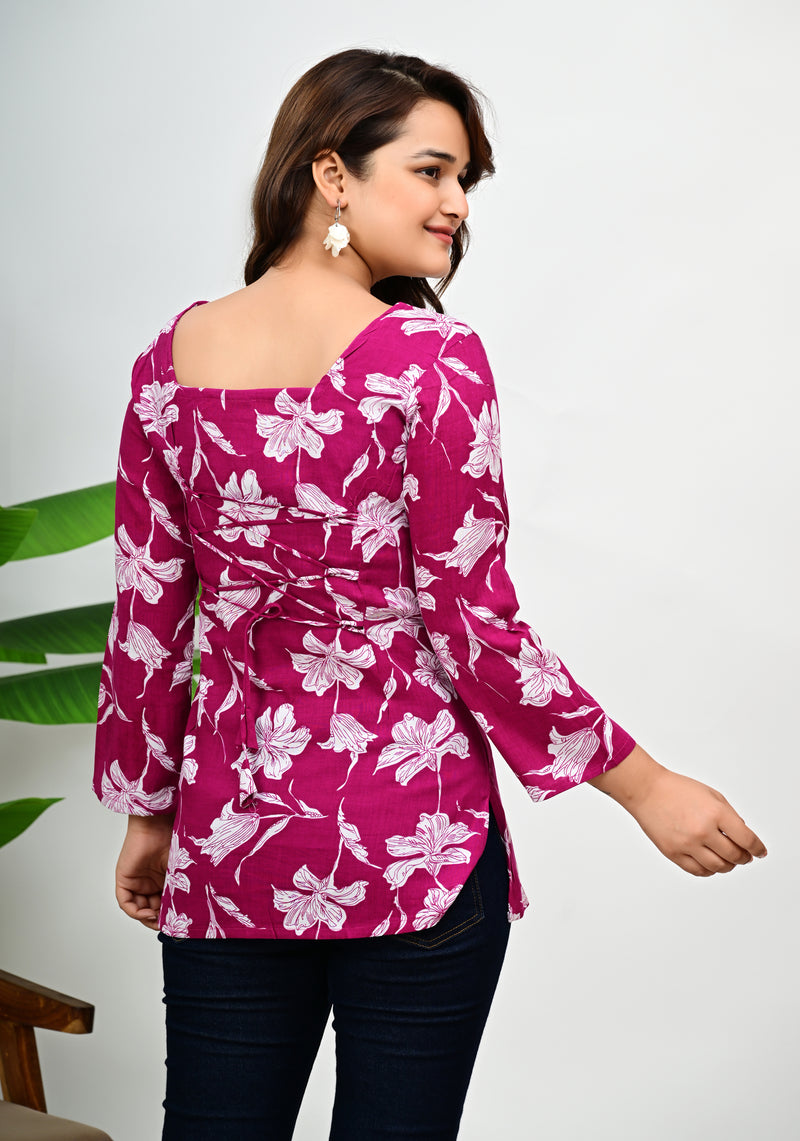 Women's Magenta Floral Print Cotton Square Neck Top