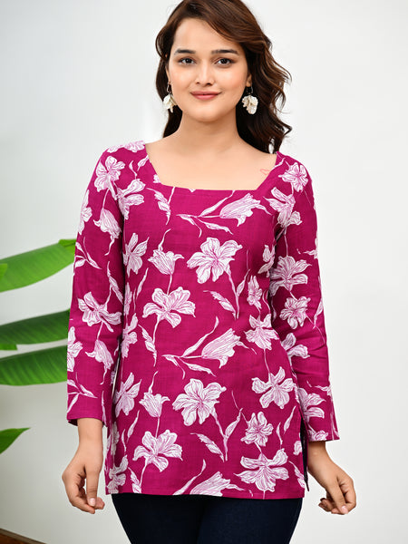 Women's Magenta Floral Print Cotton Square Neck Top