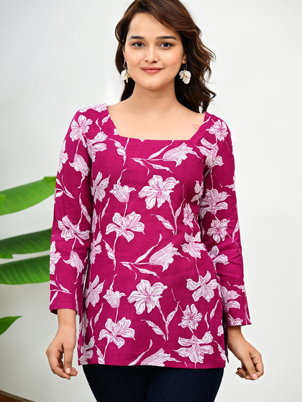Women's Magenta Floral Print Cotton Square Neck Top