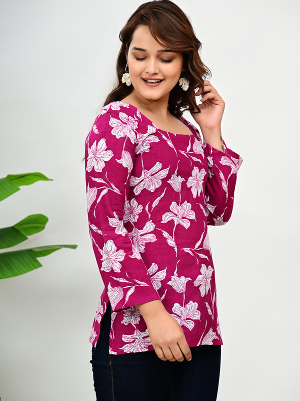 Women's Magenta Floral Print Cotton Square Neck Top