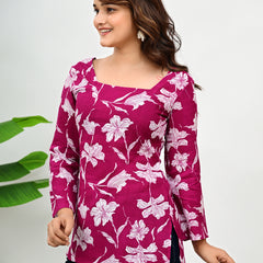 Women's Magenta Floral Print Cotton Square Neck Top