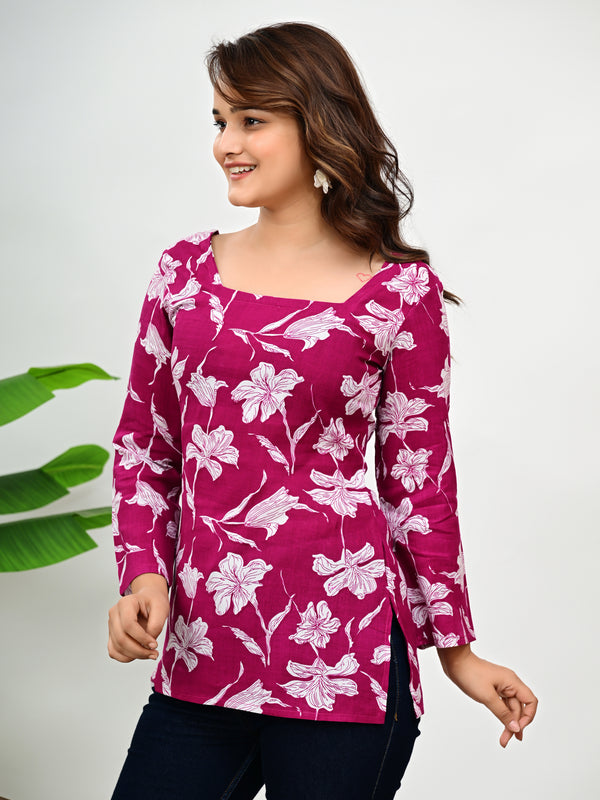 Women's Magenta Floral Print Cotton Square Neck Top
