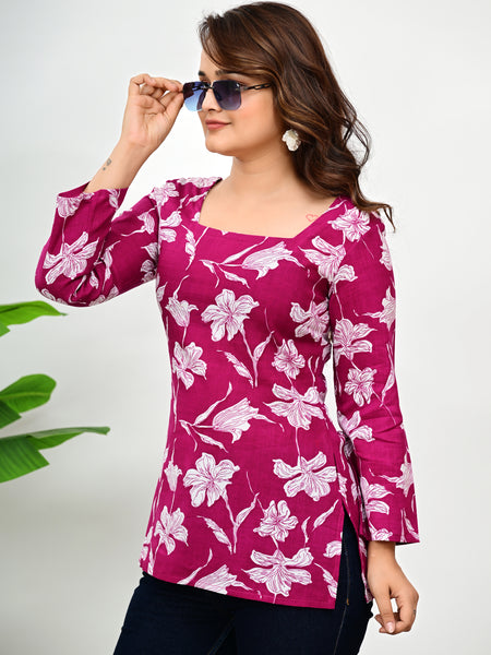 Women's Magenta Floral Print Cotton Square Neck Top