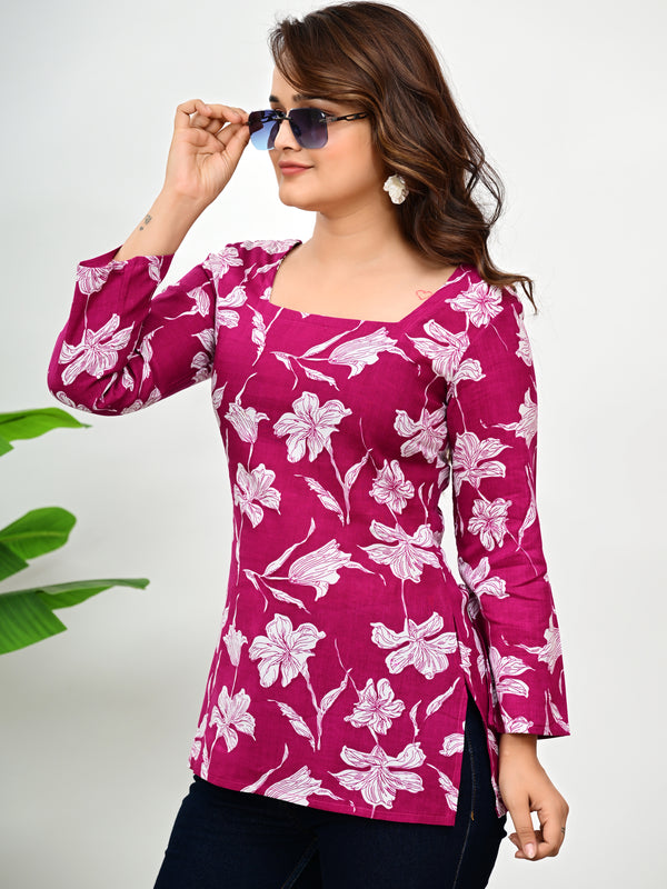 Women's Magenta Floral Print Cotton Square Neck Top