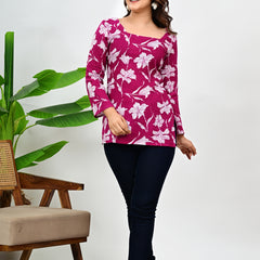 Women's Magenta Floral Print Cotton Square Neck Top