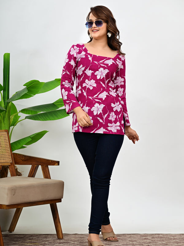 Women's Magenta Floral Print Cotton Square Neck Top