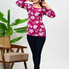Women's Magenta Floral Print Cotton Square Neck Top
