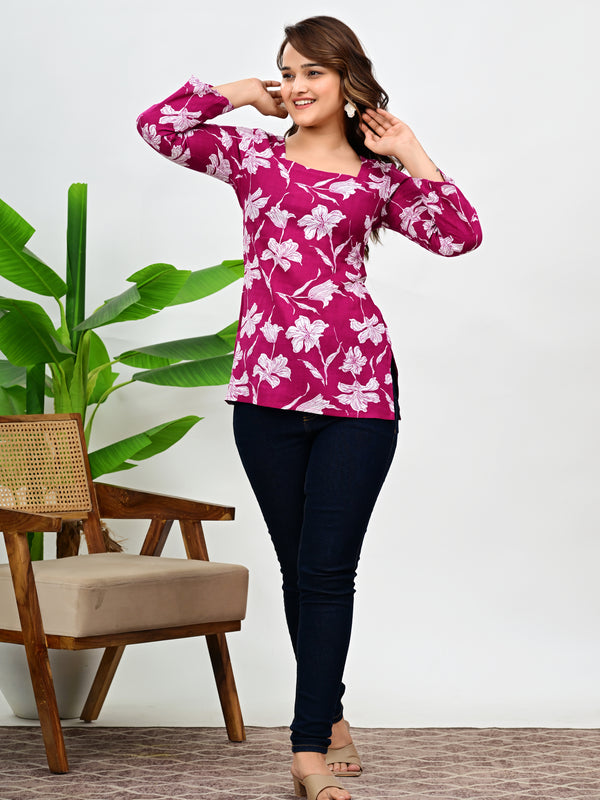 Women's Magenta Floral Print Cotton Square Neck Top