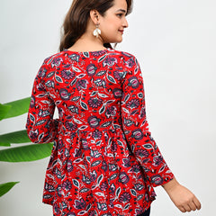 Women's Red Floral Print Cotton Top