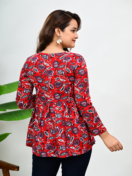 Women's Red Floral Print Cotton Top