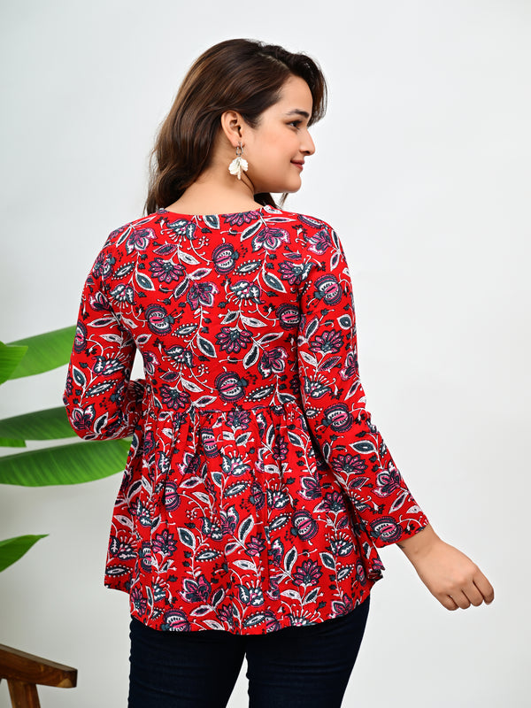 Women's Red Floral Print Cotton Top