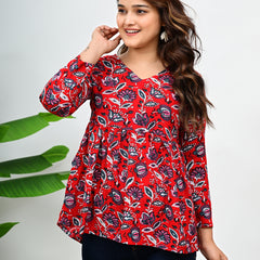 Women's Red Floral Print Cotton Top