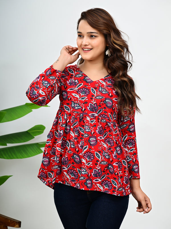 Women's Red Floral Print Cotton Top