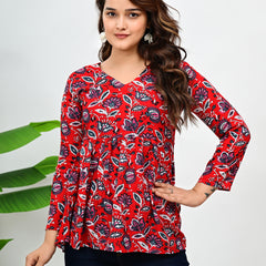 Women's Red Floral Print Cotton Top
