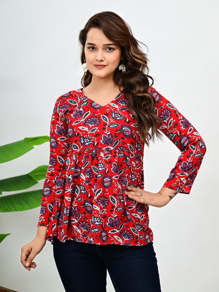 Women's Red Floral Print Cotton Top