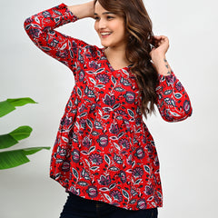 Women's Red Floral Print Cotton Top