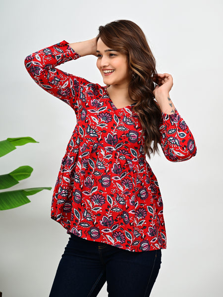 Women's Red Floral Print Cotton Top
