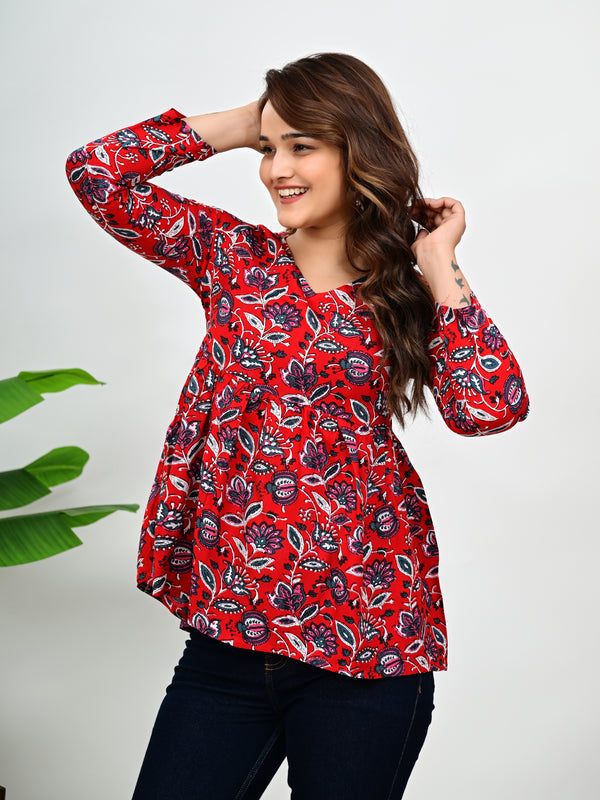 Women's Red Floral Print Cotton Top