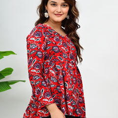 Women's Red Floral Print Cotton Top