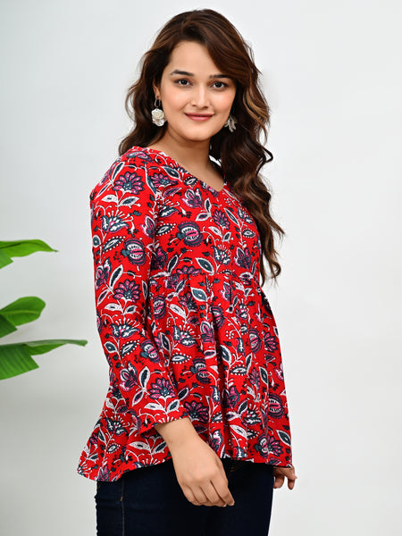 Women's Red Floral Print Cotton Top