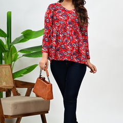 Women's Red Floral Print Cotton Top