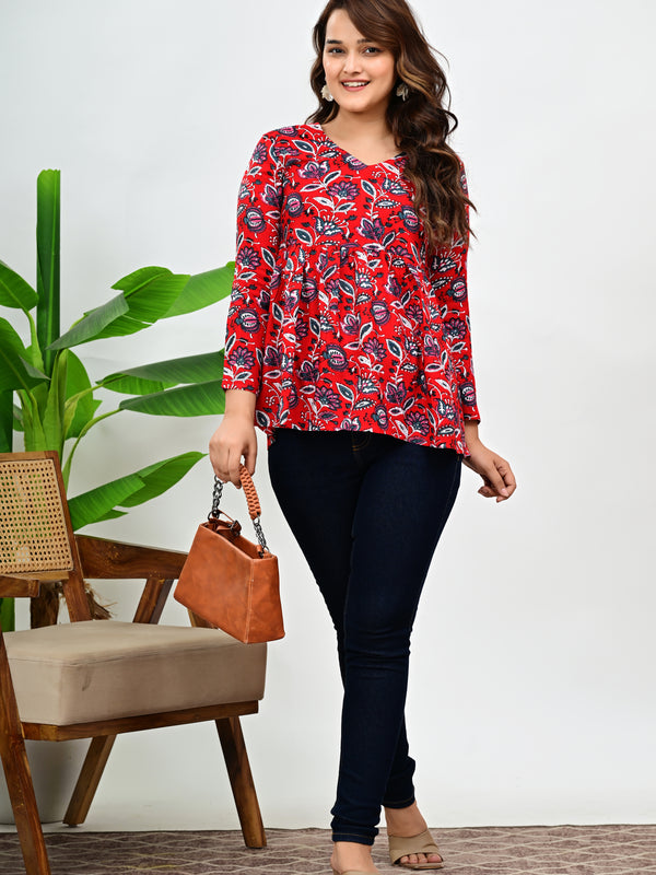 Women's Red Floral Print Cotton Top