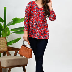 Women's Red Floral Print Cotton Top