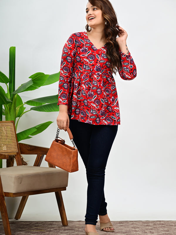 Women's Red Floral Print Cotton Top